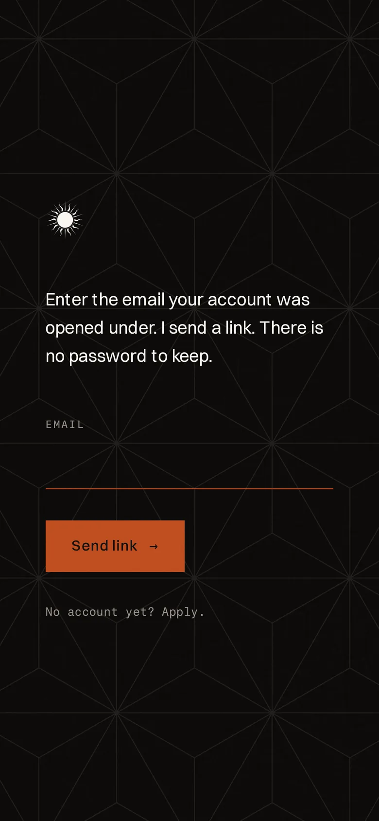 The same sign-in screen on a phone: the mark, the sentence, the email field and the Send link button, stacked.