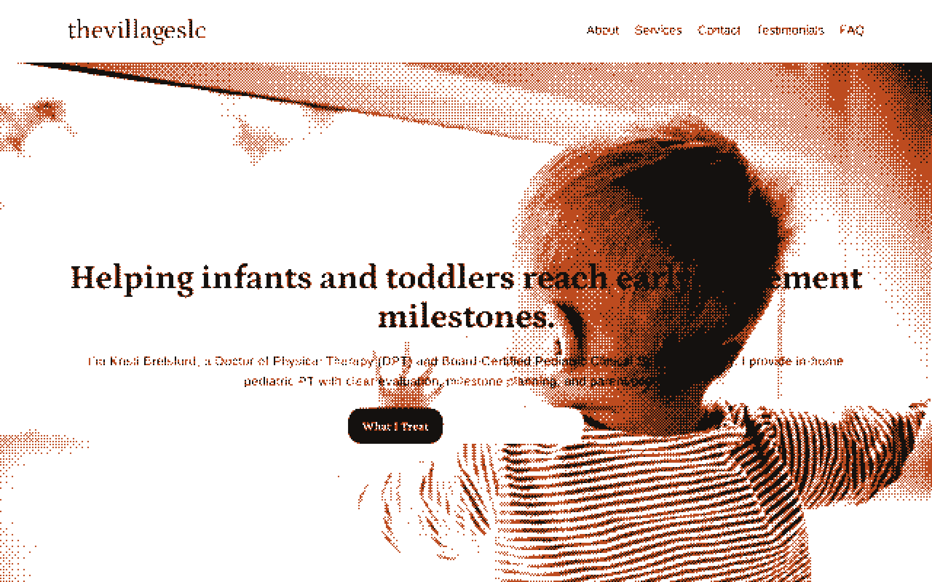 The live home page screened as a plate: the wordmark and the nav across a band at the top, the headline 'Helping infants and toddlers reach early movement milestones.' set in a serif over a photograph of a toddler standing at a window with one hand on the glass, a paragraph and two buttons under it — the whole picture resolved into ordered dither in void ink and ember on paper, with no colour of its own.
