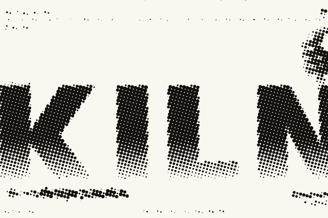 The band above reduced to one ink: the wordmark and the corner of 窯 rendered as halftone dots on paper, with the Atkinson dissolve at the wordmark's baseline surviving as thinning dots.